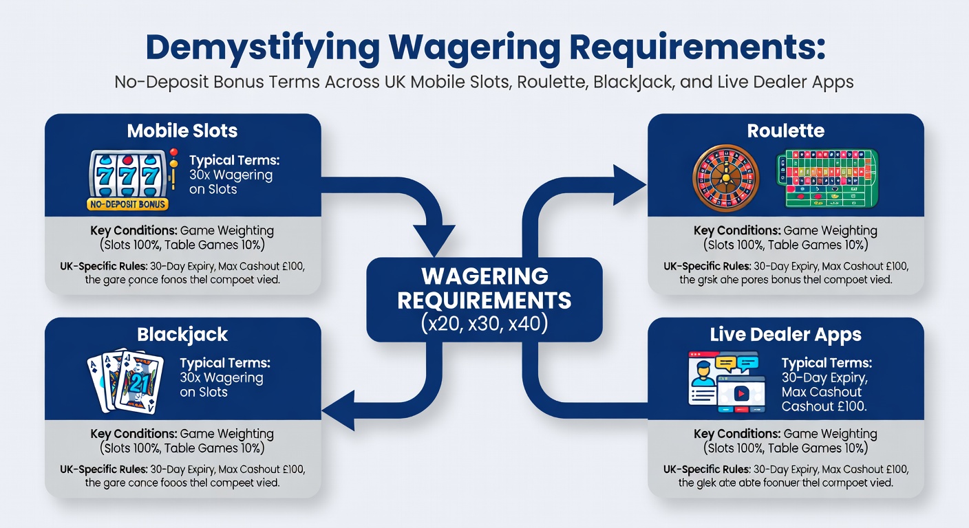 Graphic showing a mobile phone screen displaying no-deposit bonus offers with wagering requirement icons for slots, roulette, blackjack, and live dealer games