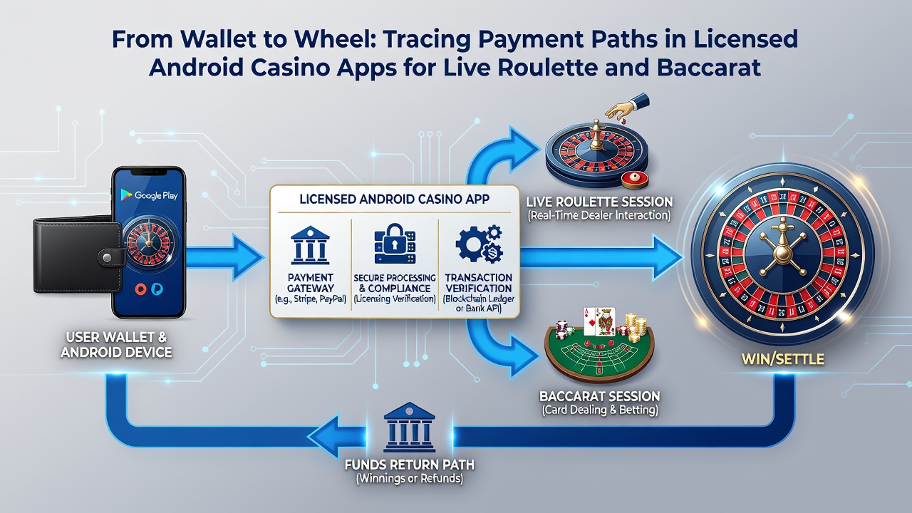 Flow diagram of payment processing from deposit to withdrawal in Android casino apps
