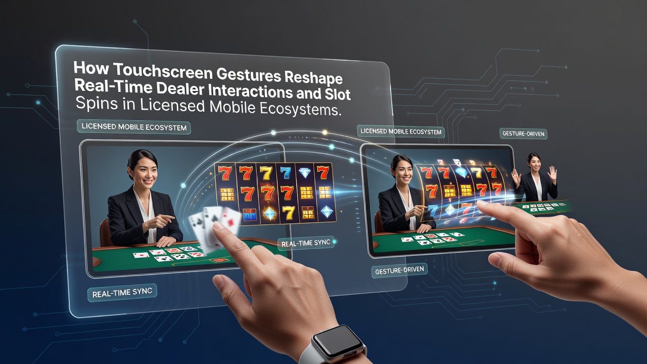 Mobile device displaying live dealer interface with gesture controls for card interactions and table navigation