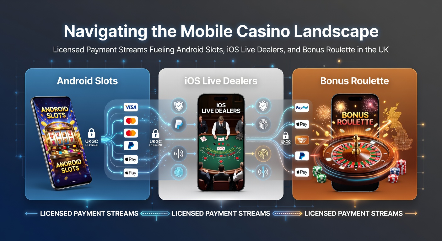 Vibrant mobile casino interface showing Android slots spinning alongside secure payment icons and iOS live dealer tables
