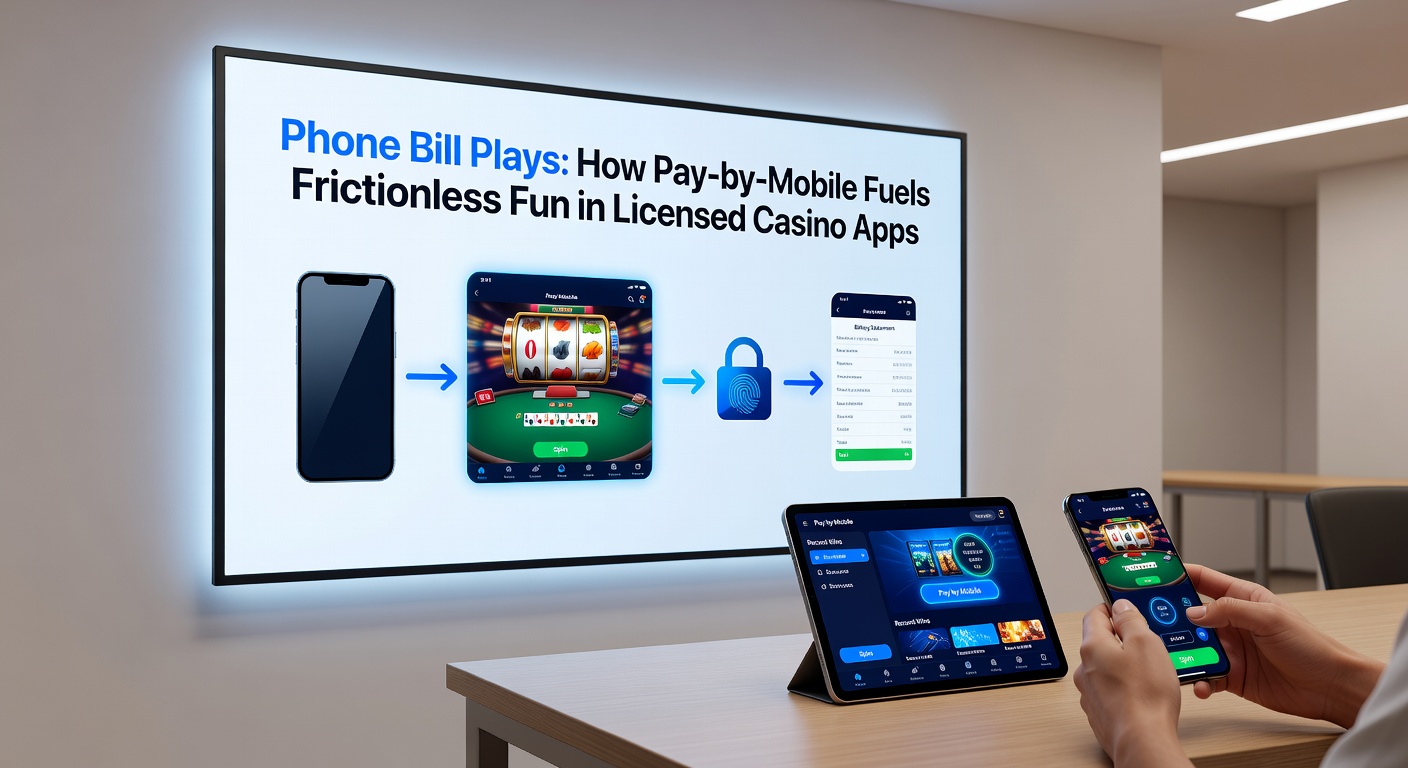 Illustration of a phone bill payment flow in a casino app, showing SMS confirmation and instant credit to player balance amid slot reels