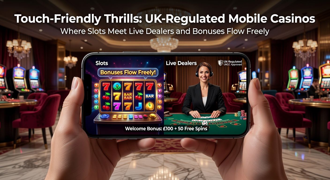 Smartphone screen displaying a vibrant mobile casino interface with spinning slots and a live dealer table in the background, highlighting touch-optimized controls and bonus notifications