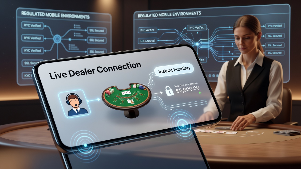 Touch-responsive mobile interface showing live dealer table with instant funding options